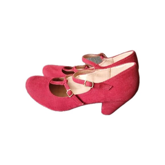 CHELSEA CREW Womens 7 T-strap Pumps Red Corduroy Mary Jane Pin Up Heels Retro - Picture 1 of 6